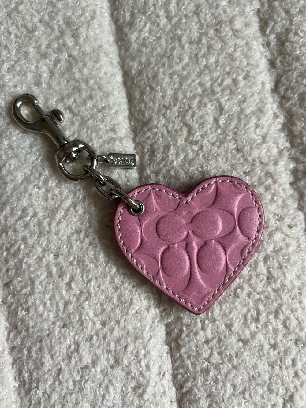 Coach Vintage Pink Heart Embossed Leather Key Charm with Silver Hardware